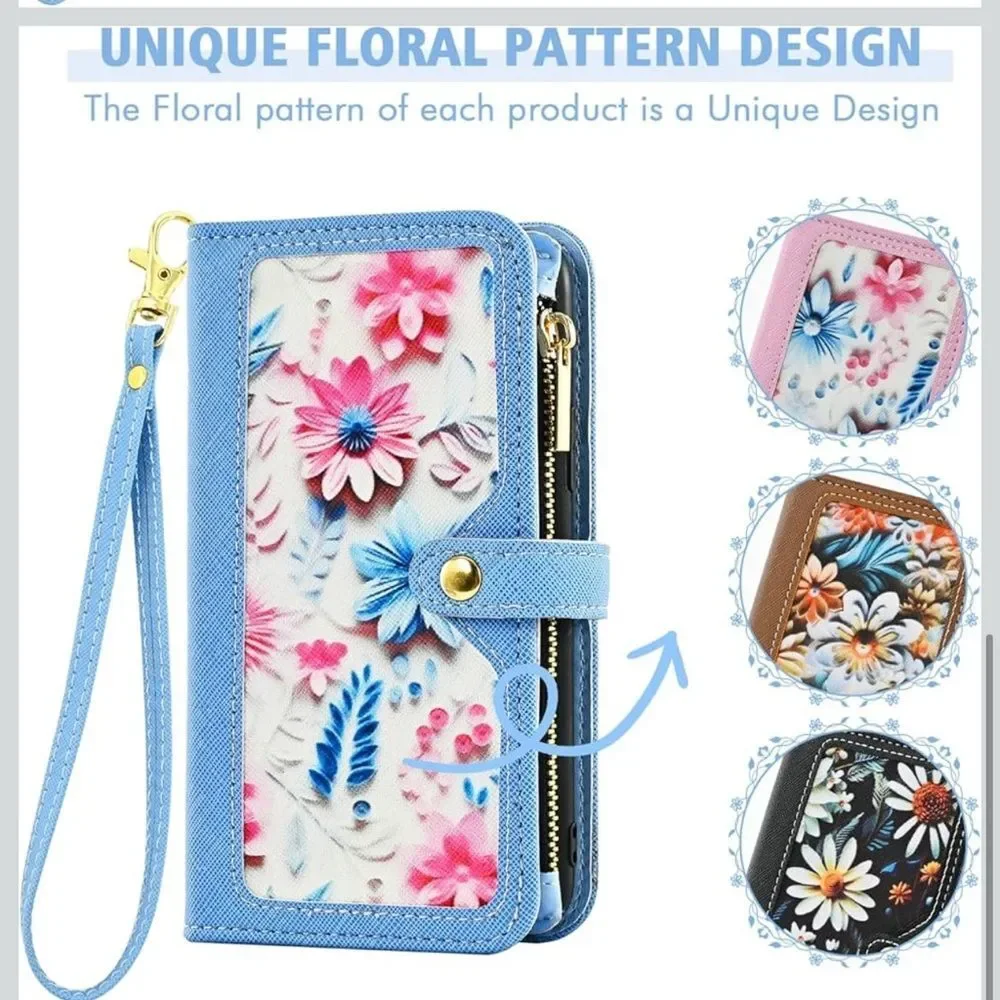 iPhone 16 6.1” Case Wallet Case Floral Wristlet Blue Card Holder Phone FC7